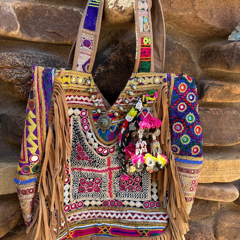 India mirror purse with suede fringe